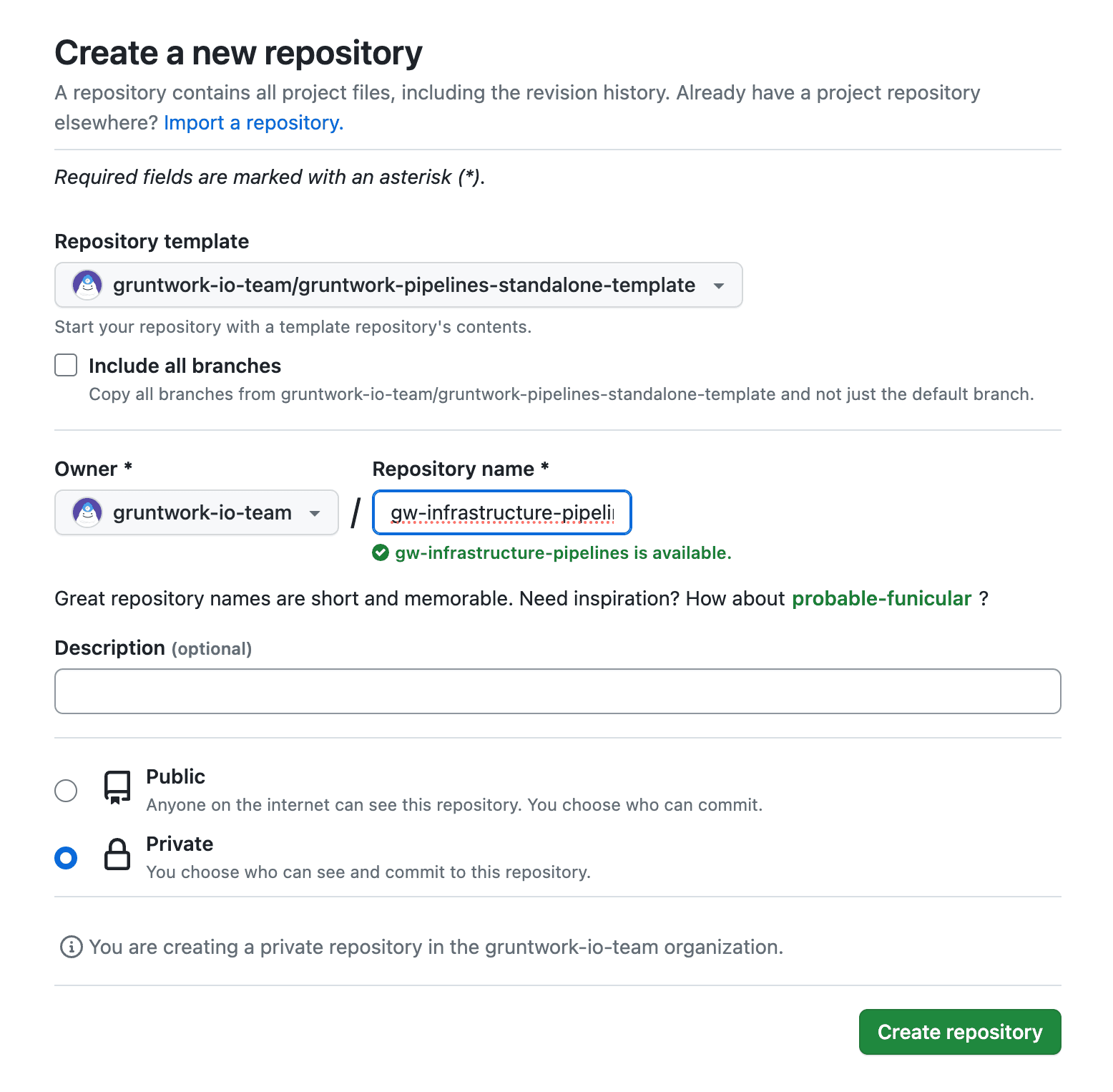 GitHub form for creating a new repository