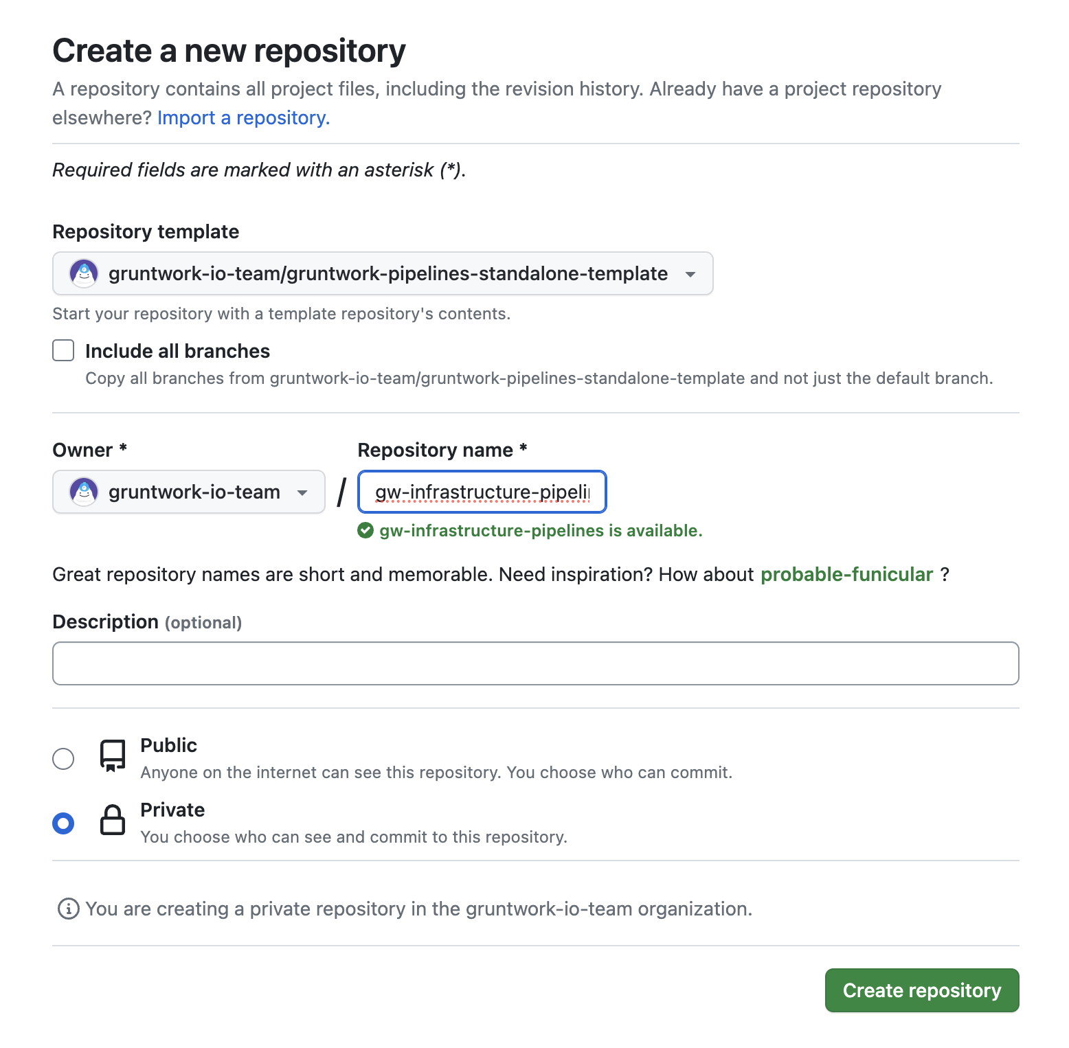 GitHub form for creating a new repository