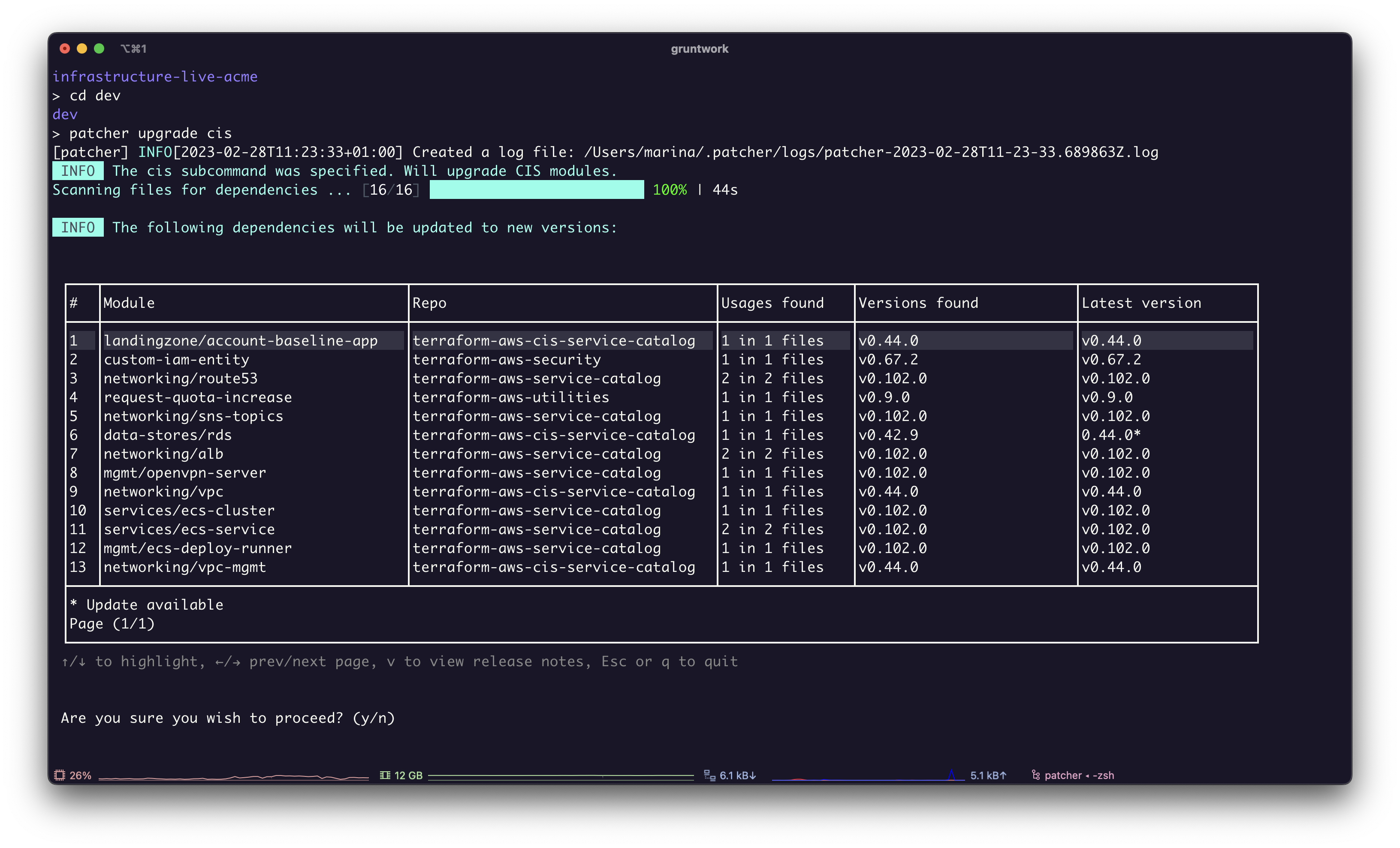 Screenshot of Patcher with a list of modules in an infrastructure-live repo.
