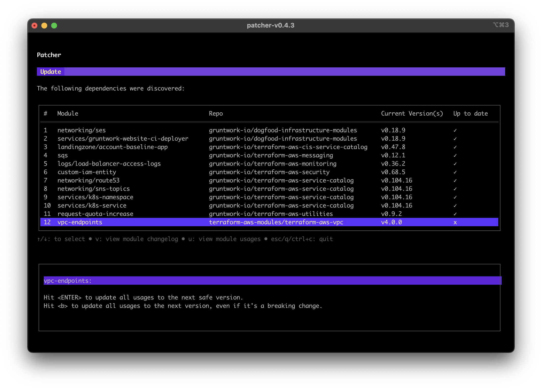 Screenshot of third party module dependency with updates available