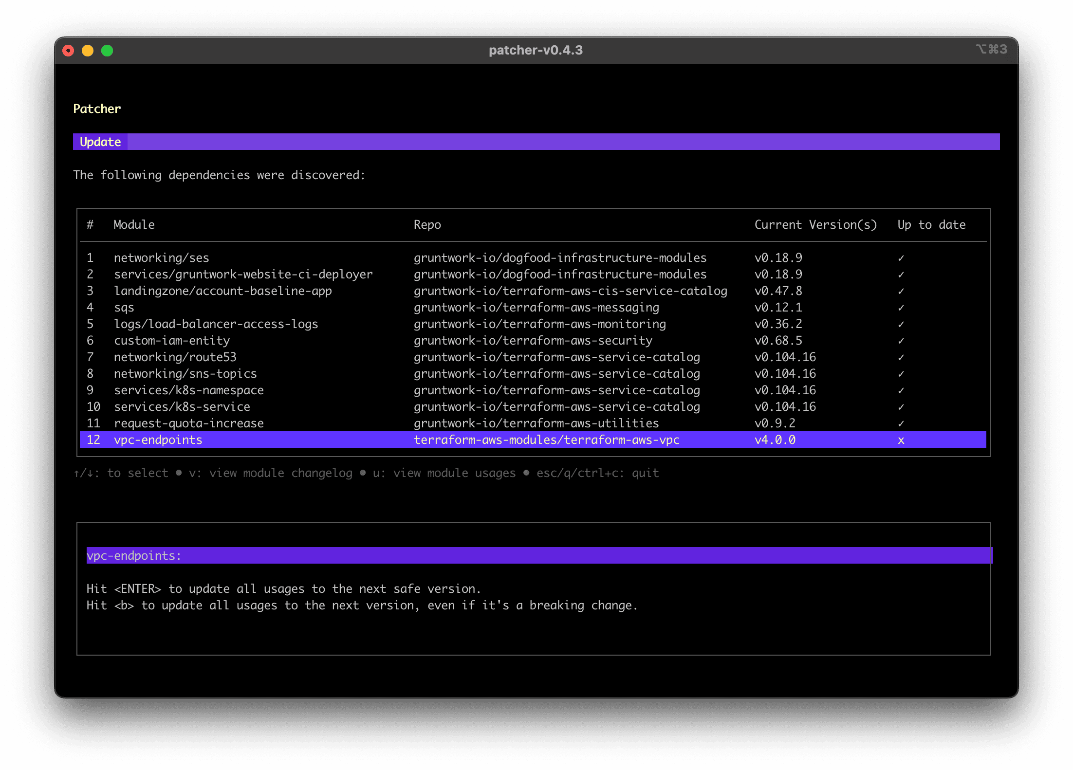 Screenshot of third party module dependency with updates available