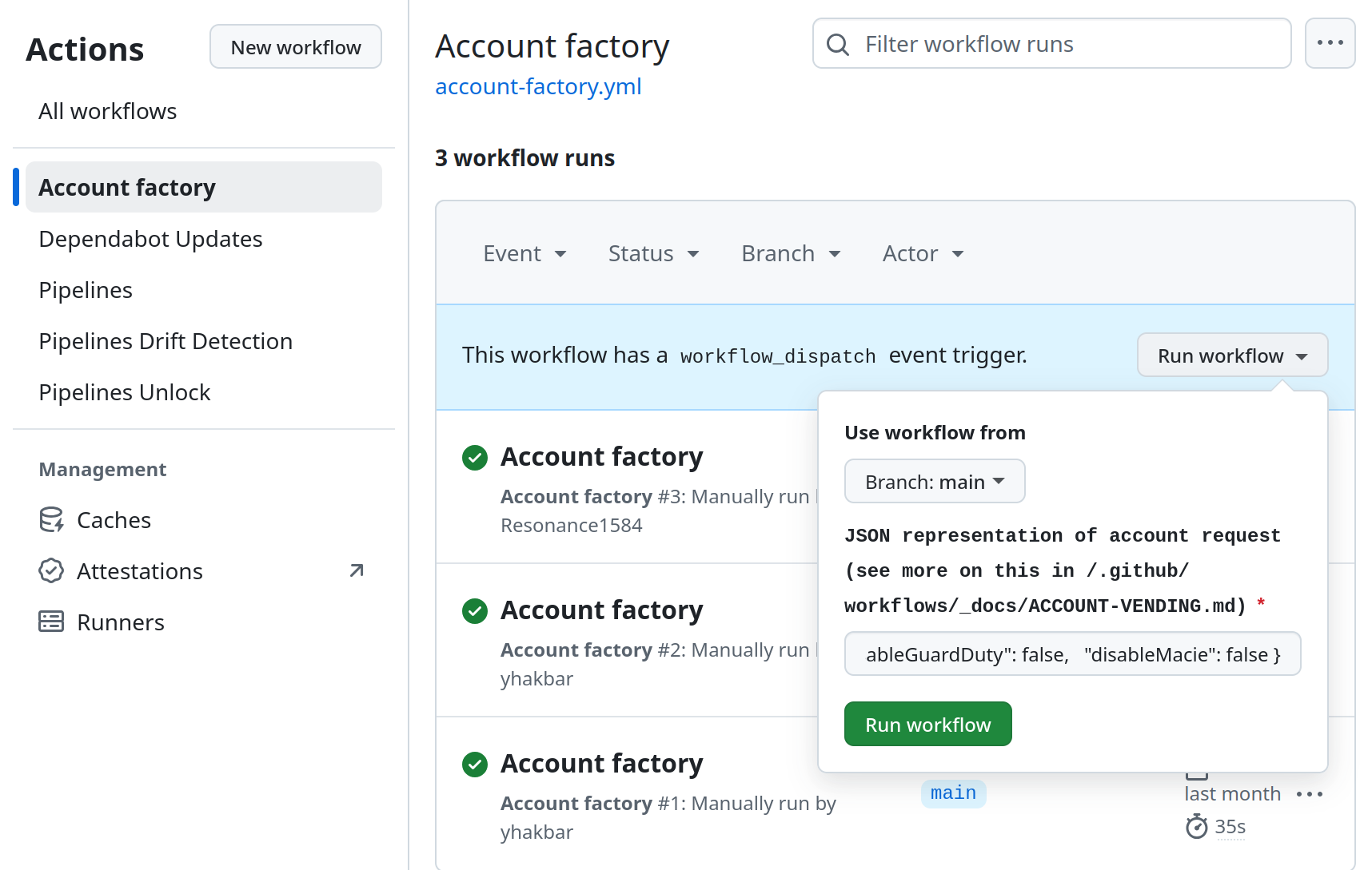 Screenshot of Account Factory Workflow Dispatch