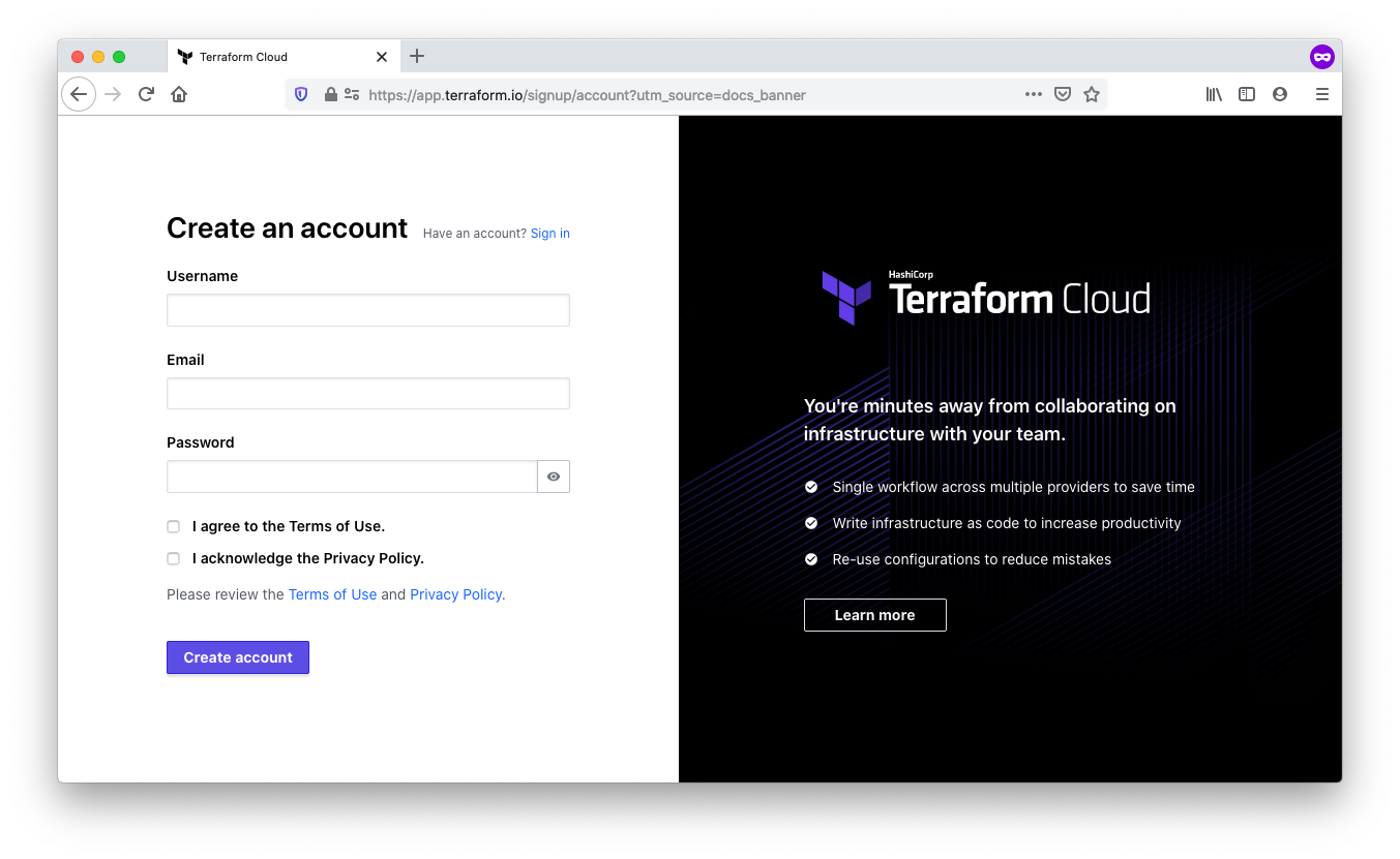 Sign up for a Terraform Cloud account